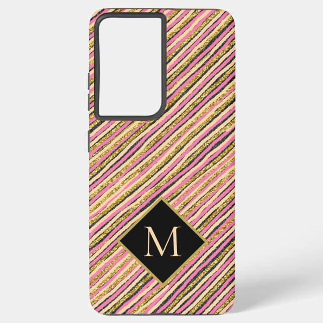 Funda Para Samsung Galaxy Lujo Purpurina de oro Stripes Monograma (Reverso )