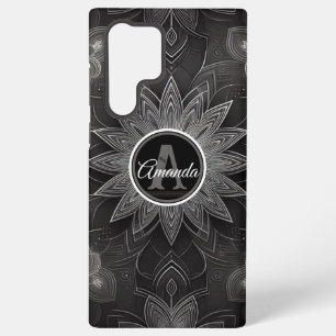 Funda Para Samsung Galaxy S22 Ultra Mandala floral blanca y negra intrincada en monogr