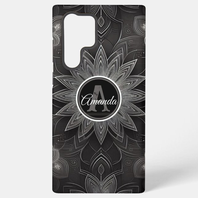Funda Para Samsung Galaxy Mandala floral blanca y negra intrincada en monogr (Reverso )