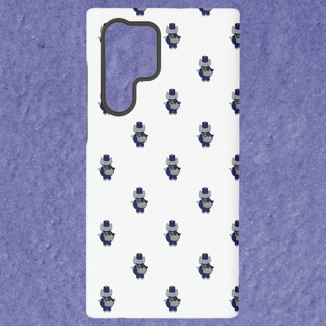 Funda Para Samsung Galaxy Marching Band Cat Drummer Navy Blue Gold Pattern (A phone case with a pattern of gray cats playing the drums in navy blue & gold uniforms.)