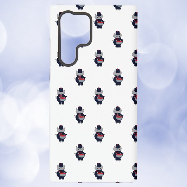 Funda Para Samsung Galaxy Marching Band Drummer Cat Navy Blue and Red (A phone case with a pattern of gray cats playing the drums in navy blue & red marching band uniforms)