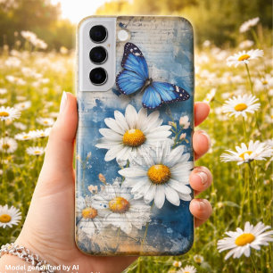 Funda Para Samsung Galaxy S22+ Mariposa Azul Vintage y Margaritas – Cottagecore