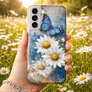 Funda Para Samsung Galaxy S22+ Mariposa Azul Vintage y Margaritas – Cottagecore