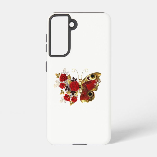 Funda Para Samsung Galaxy Mariposa de flor roja con rosas rojas (Reverso )
