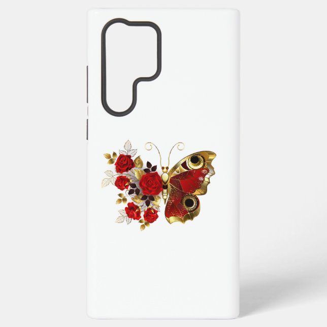 Funda Para Samsung Galaxy Mariposa de flor roja con rosas rojas (Reverso )