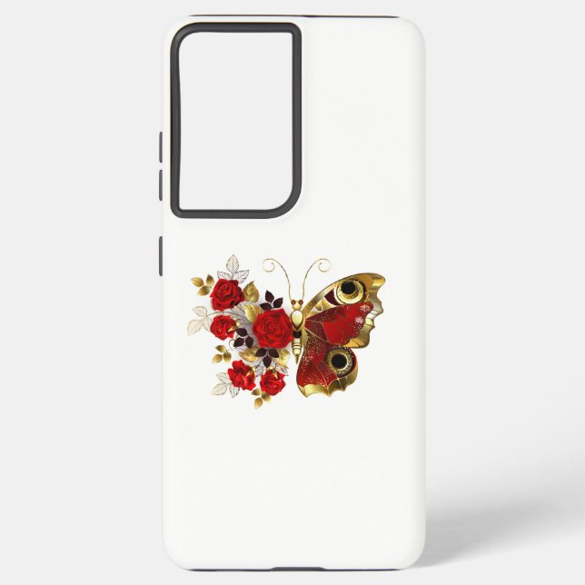 Funda Para Samsung Galaxy Mariposa de flor roja con rosas rojas (Reverso )