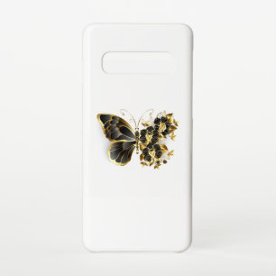 Funda Para Samsung Galaxy S10 Mariposa de flores de oro con orquídea negra