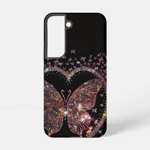 Funda Para Samsung Galaxy S22 Mariposa Negra con Brillo Rosa Brillante