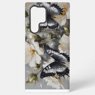 Funda Para Samsung Galaxy S22 Ultra Mariposas Negras Y Blancas Sobre Flores Blancas,