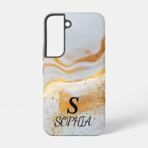 Funda Para Samsung Galaxy S22 mármol blanco elegante monograma con brillo dorado