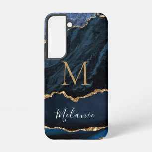 Funda Para Samsung Galaxy S22 Mármol Brillante Azul Dorado con Nombre y Letra Pe