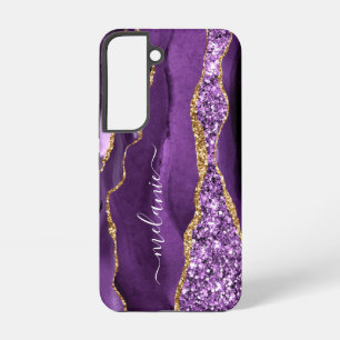Funda Para Samsung Galaxy S22 Mármol Purpura Dorado Brillo Nombre Personalizado