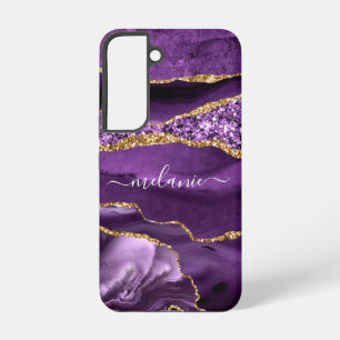 Funda Para Samsung Galaxy S22 Mármol Purpura Oro Brillante Nombre Personalizado