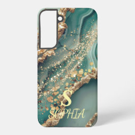 Funda Para Samsung Galaxy S22+ Mármol verde chic monograma con brillo dorado