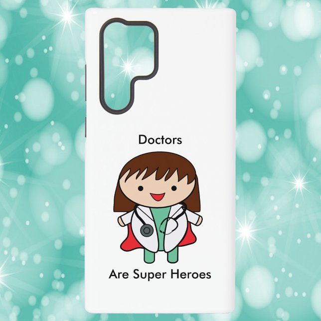 Funda Para Samsung Galaxy Médicos son súper heroínas mujeres graciosas (A phone case with a picture of a girl doctor and the text, "Doctors Are Super Heroes".)