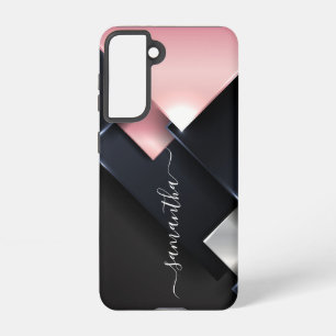 Funda Para Samsung Galaxy S21 Metal 3D  Monograma  Cuadrados Rosa Negro