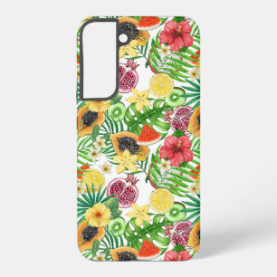 Funda Para Samsung Galaxy S22+ Mezcla tropical de frutas, flores y hojas sobre bl