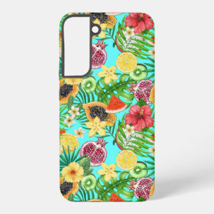 Funda Para Samsung Galaxy S22+ Mezcla tropical, flores y hojas en azul