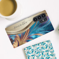 Moderno Fractal Blue Gold Nombre manuscrito Funda-