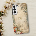 Funda Para Samsung Galaxy S22 Monograma botánico artesanal de Grunge<br><div class="desc">Escarlata de estilo vintage artístico,  flores azules blancas y polvorientas con sabio y follaje marrón en pergamino artesanal con campo de texto opcional para su nombre o monograma.</div>