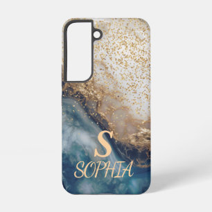 Funda Para Samsung Galaxy S22 monograma chic mármol azul brillo dorado