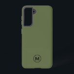 Funda Para Samsung Galaxy S21 Monograma Clásico Verde Ólido mínimo<br><div class="desc">Diseño moderno de bloques clásicos en monograma con medallón verde oliva y monograma negro.</div>