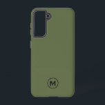 Funda Para Samsung Galaxy S21 Monograma Clásico Verde Ólido mínimo<br><div class="desc">Diseño moderno de bloques clásicos en monograma con medallón verde oliva y monograma negro.</div>