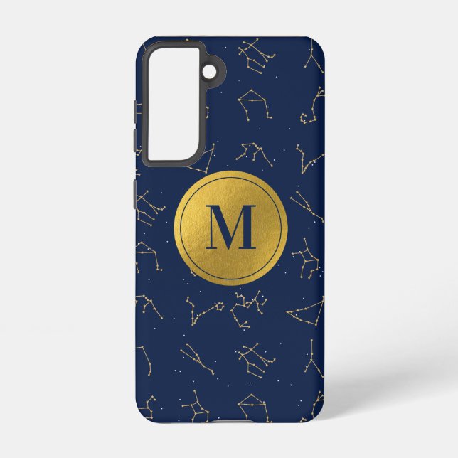 Funda Para Samsung Galaxy Monograma de constelaciones de Zodiaco Azul de Oro (Reverso )