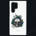 Funda Para Samsung Galaxy S22 Ultra Monograma de cráneo de Rosas azules de la marina g<br><div class="desc">Estuche caprichoso vintage de teléfono gótico con rosas azul marino en un cráneo.</div>