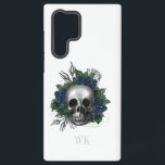 Funda Para Samsung Galaxy S22 Ultra Monograma de cráneo de Rosas azules de la marina g<br><div class="desc">Estuche caprichoso vintage de teléfono gótico con rosas azul marino en un cráneo.</div>