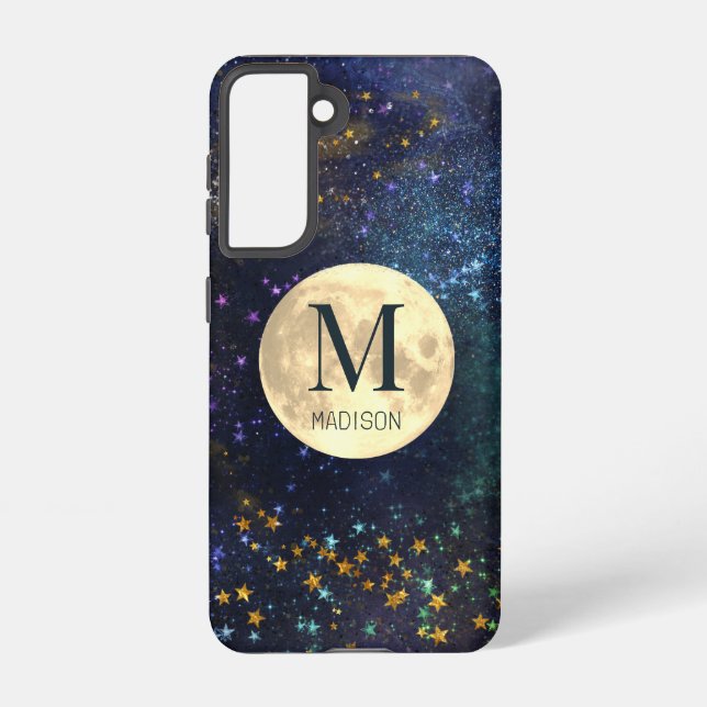 Funda Para Samsung Galaxy Monograma de estrellas de oro y luna del espacio c (Reverso )