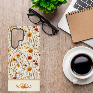 Funda Para Samsung Galaxy S22 Ultra Monograma de Flor Silvestre Rústica - Patrón Flora