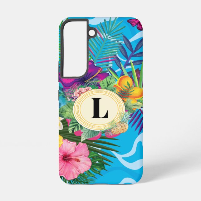 Funda Para Samsung Galaxy Monograma De Flores Tropicales Y Mariposas De Hawá (Reverso )
