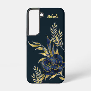 Funda Para Samsung Galaxy S22 Monograma de hojas de oro rosa azul marino elegant