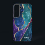 Funda Para Samsung Galaxy S22 Monograma de las venas de oro azul morado Aqua<br><div class="desc">Proteja su teléfono con estilo con este diseño de moda con sus tonalidades monográficas y coloridas de agate azul,  púrpura y agua con venas metálicas de Relieve metalizado dorado y estrellas brillantes.</div>