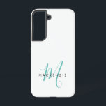 Funda Para Samsung Galaxy S22 Monograma de letra elegante moderna en blanco y az<br><div class="desc">Funda de teléfono con monograma de letra elegante moderna en blanco y azul. Un monograma de letra elegante en azul combinado con una tipografía sans-serif negra limpia da un aspecto contemporáneo.</div>