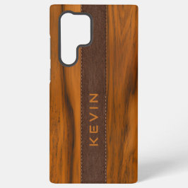 Funda Para Samsung Galaxy S22 Ultra Monograma de madera de caoba y textura de cuero ma