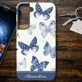 Funda Para Samsung Galaxy S22+ Monograma de mariposa azul y blanca