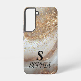 Funda Para Samsung Galaxy S22 monograma de mármol blanco chic con brillo dorado