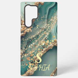 Funda Para Samsung Galaxy S22 Ultra Monograma de mármol verde brillo dorado