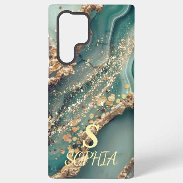 Funda Para Samsung Galaxy Monograma de mármol verde brillo dorado (Reverso )