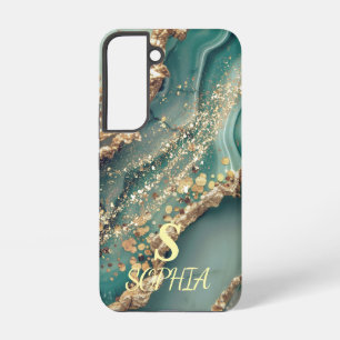 Funda Para Samsung Galaxy S22 Monograma de mármol verde con brillo dorado