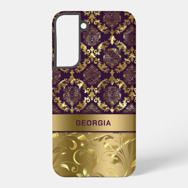 Funda Para Samsung Galaxy Monograma de oro y morado de damasco floral de col (Reverso )