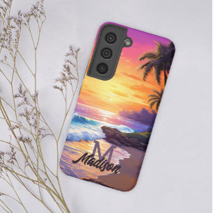 Funda Para Samsung Galaxy S22 Monograma de puesta de sol de playa tropical Retro