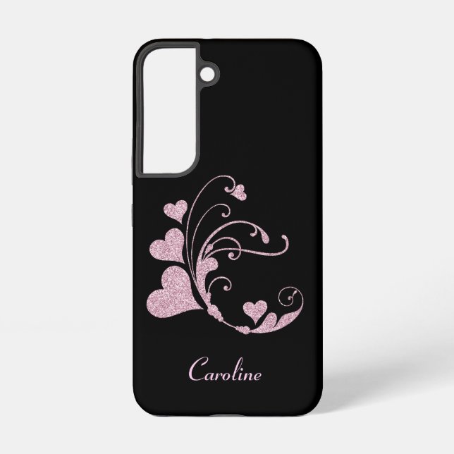 Funda Para Samsung Galaxy Monograma de Swirl de corazón rosado purpurina (Reverso )