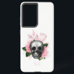 Funda Para Samsung Galaxy S21 Ultra Monograma del cráneo de rosas góticas vintage<br><div class="desc">Estuche caprichoso vintage de teléfono gótico con rosas rosadas en el cráneo.</div>