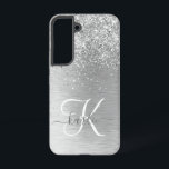 Funda Para Samsung Galaxy S22 Monograma del Purpurina Metalizado cepillado de pl<br><div class="desc">Personaliza fácilmente este diseño de estuche de teléfono de moda de moda con purpurina brillante de bonito plateado sobre un fondo metálico cepillado de plata.</div>