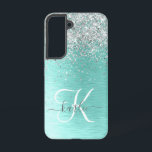 Funda Para Samsung Galaxy S22 Monograma del Purpurina plateado Metalizado cepill<br><div class="desc">Personaliza fácilmente este diseño de estuche de teléfono de moda de moda con purpurina brillante de bonito plateado sobre un fondo metálico verde azulado cepillado.</div>