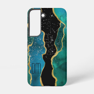 Funda Para Samsung Galaxy S22 Monograma Destello Ágata Verde Azul Borde Dorado
