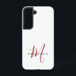 Funda Para Samsung Galaxy S22 Monograma elegante de escritura roja blanca modern<br><div class="desc">Elegante estuche de teléfono monograma moderno de escritura roja blanca. Un elegante monograma de escritura rojo combinado con una limpia fuente san-serif en negro,  le da un aspecto contemporáneo.</div>